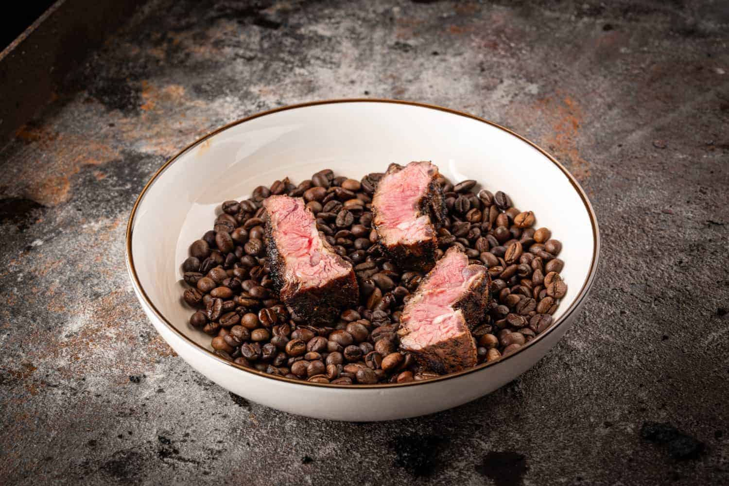 Gegrillte Steak-Tranchen mit dunkler Kruste auf Kaffeebohnen.